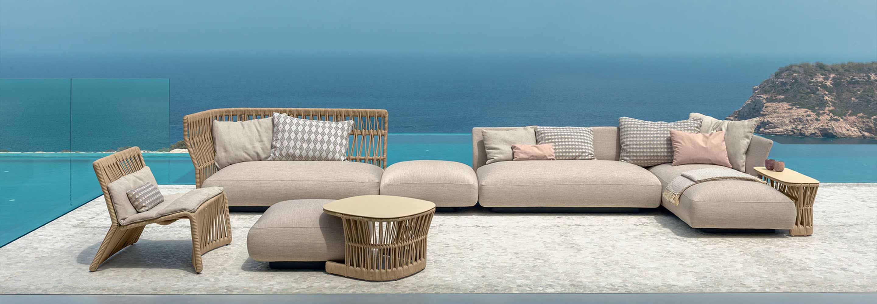 High-end Talenti outdoor lounge with sea view, premium Made in Italy garden furniture.