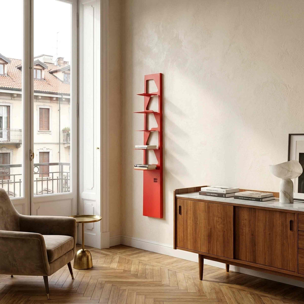 red bookcase neanderthal hanging on the wall