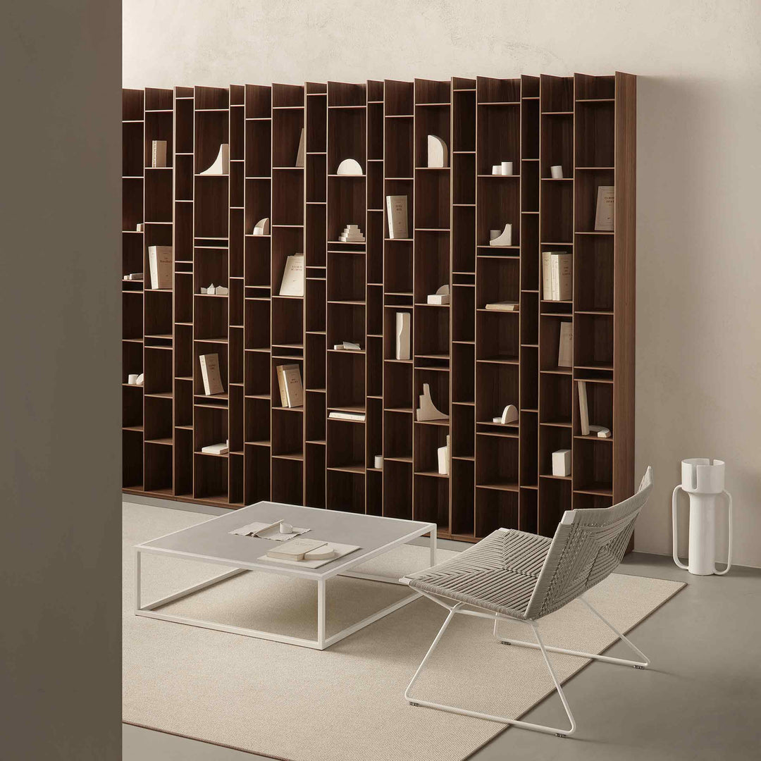 Natural wood Random Box & Cabinet bookcase and Neil Twist Armchair by MDF Italia, contemporary designer storage system.