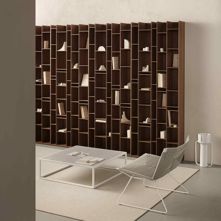 Natural wood Random Box & Cabinet bookcase and Neil Twist Armchair by MDF Italia, contemporary designer storage system.