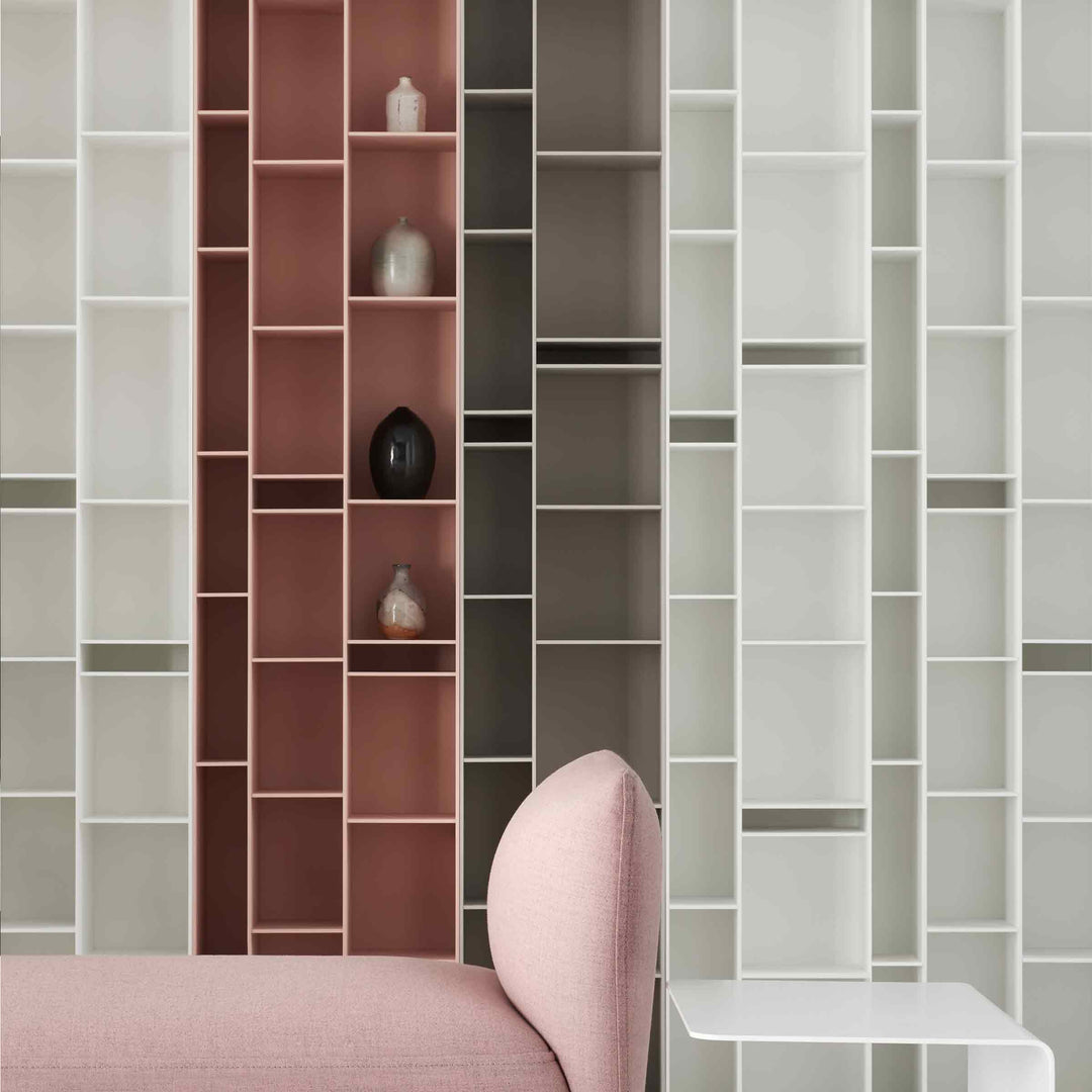 White Random bookcase by Eva Paster and Michael Geldmacher for MDF Italia, contemporary designer shelving unit.