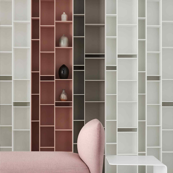 White Random bookcase by Eva Paster and Michael Geldmacher for MDF Italia, contemporary designer shelving unit.