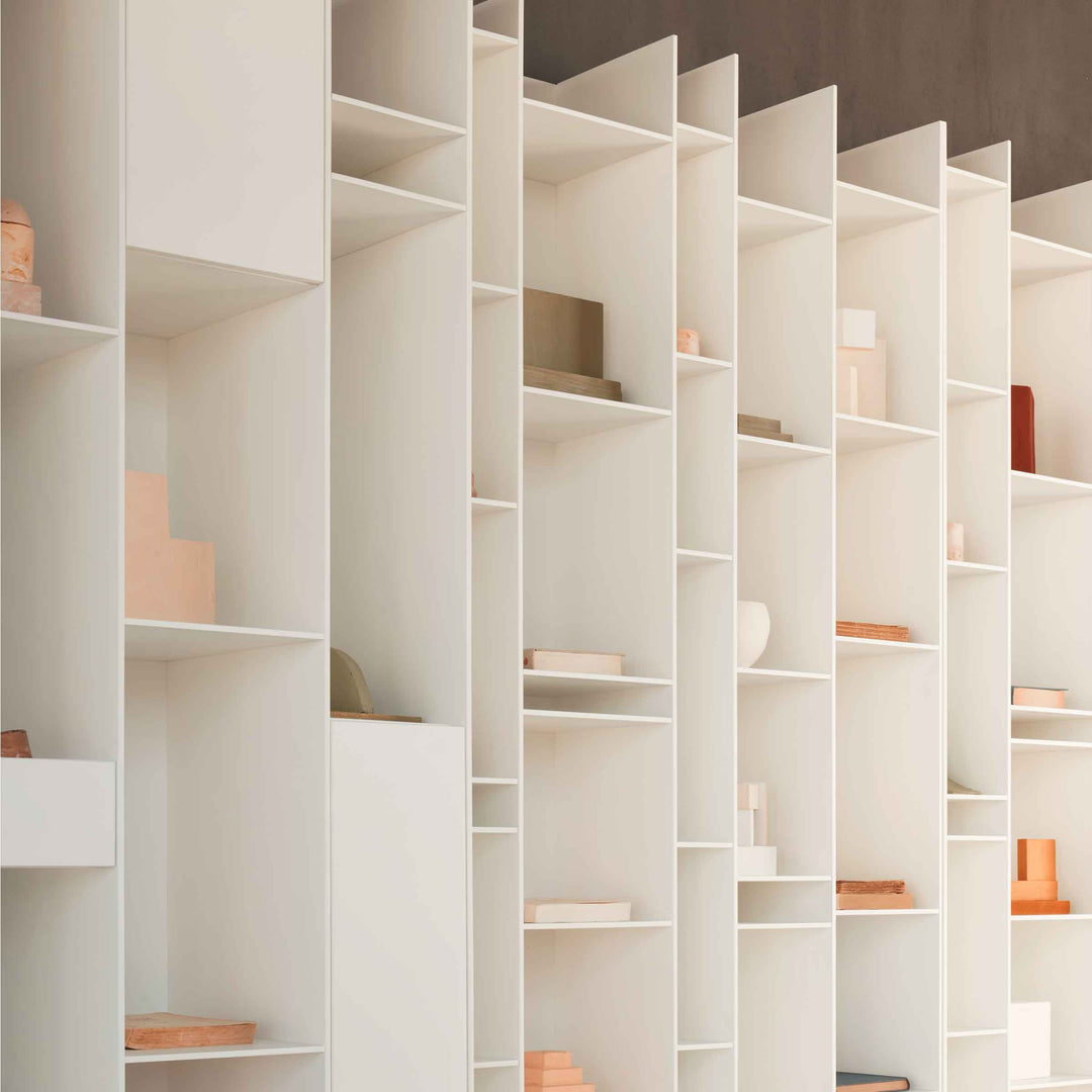 White Random bookcase by Eva Paster and Michael Geldmacher for MDF Italia, contemporary designer shelving unit