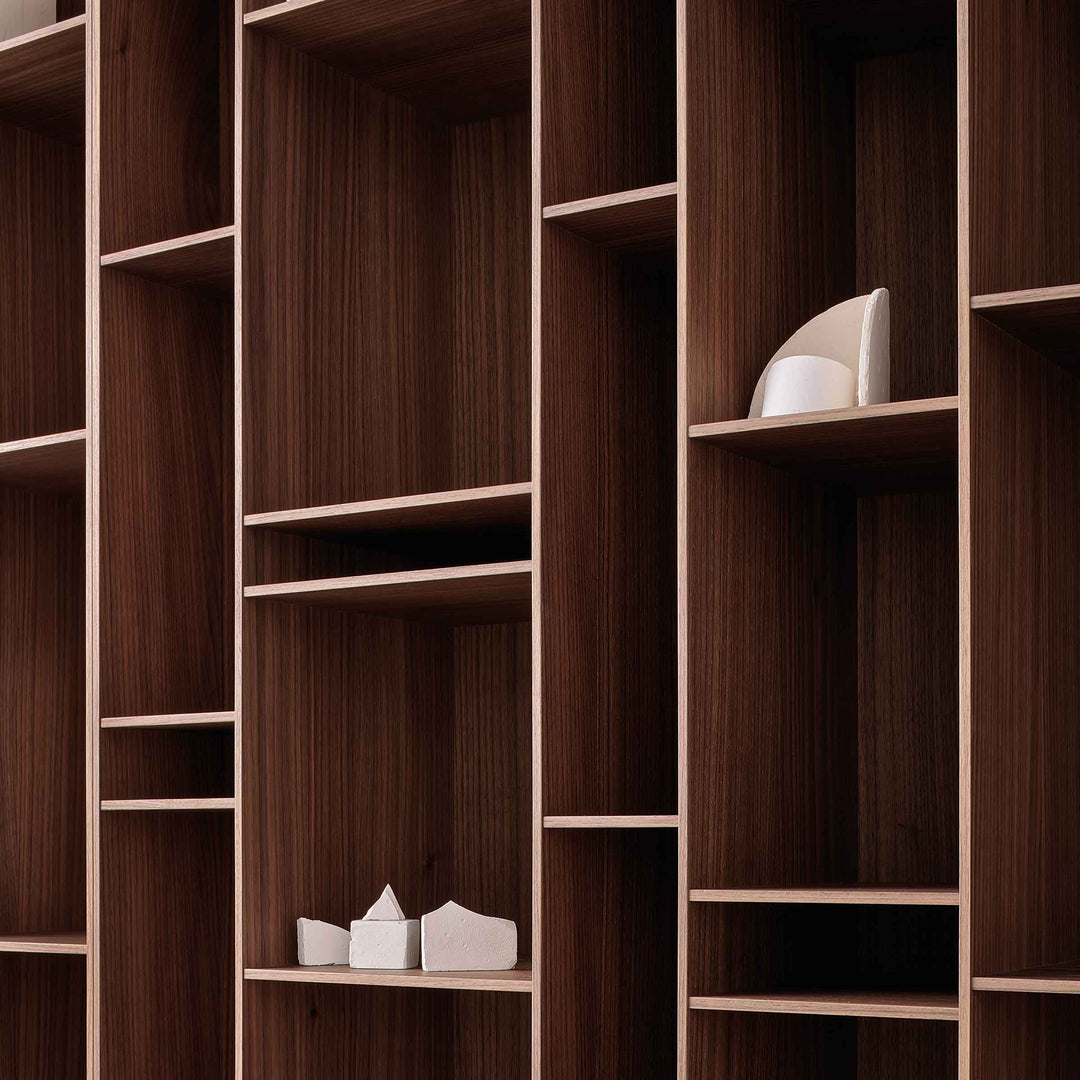 Natural wood Random bookcase by Eva Paster and Michael Geldmacher for MDF Italia, contemporary designer storage system.