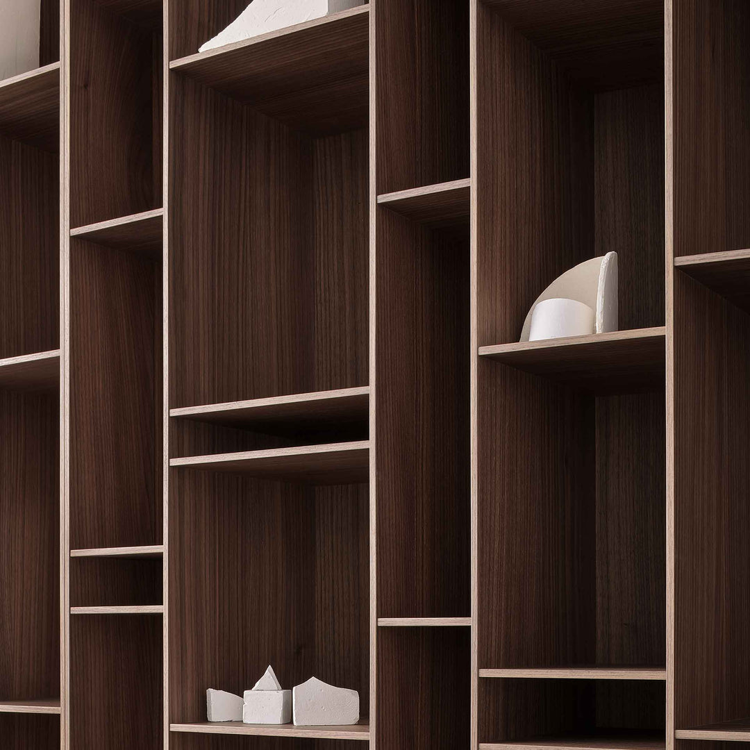 Natural wood Random bookcase by Eva Paster and Michael Geldmacher for MDF Italia, contemporary designer storage system.