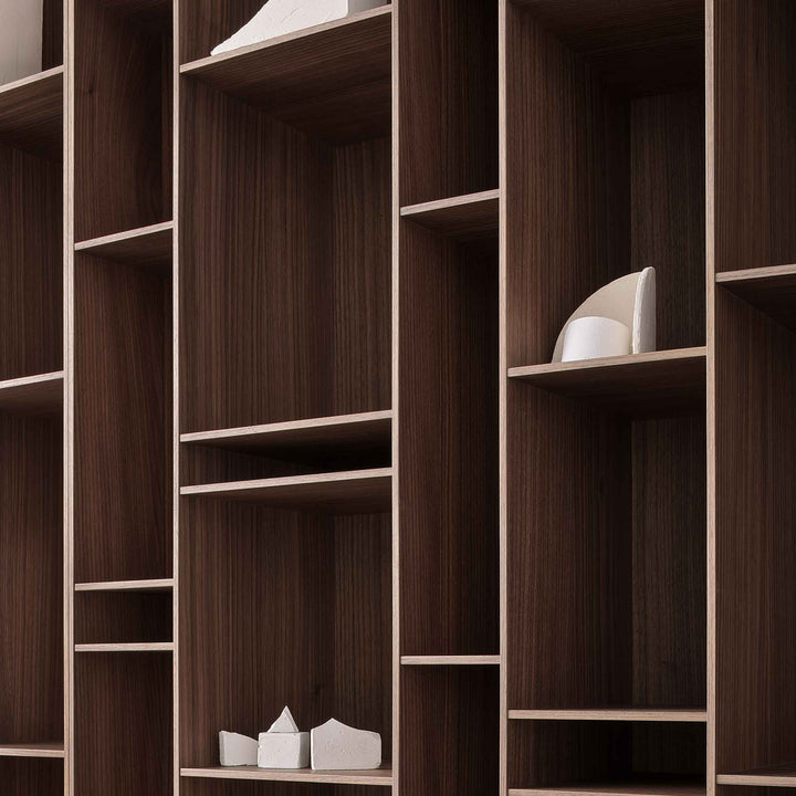 Natural wood Random bookcase by Eva Paster and Michael Geldmacher for MDF Italia, contemporary designer storage system.