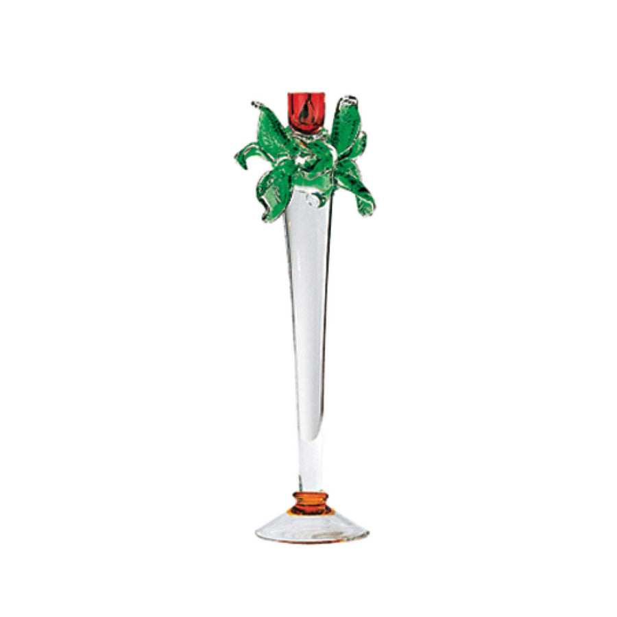 Leonardo candelabrum by Borek Sipek, clear glass with red, amber, and green decorative accents, contemporary designer candleholder.