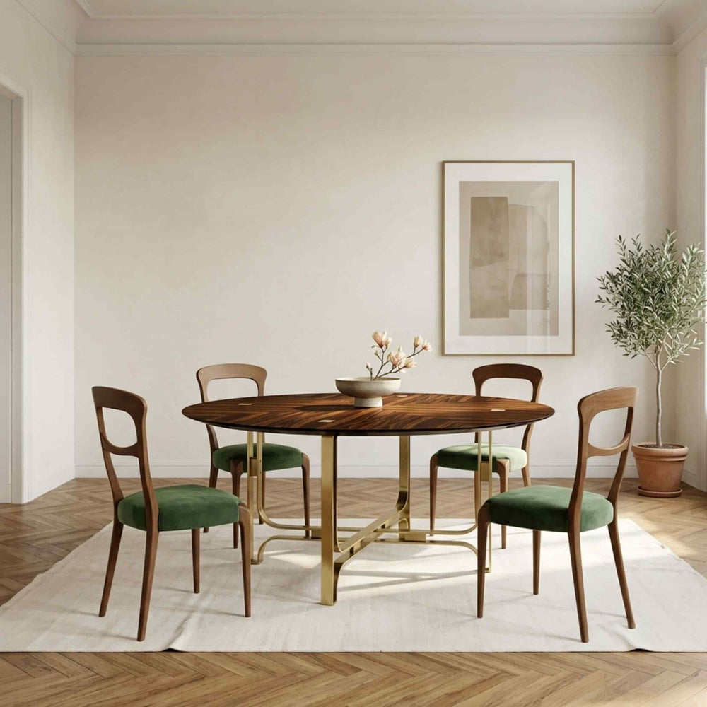 walnut wood and green chair capoavola and dining table gregory by marioni