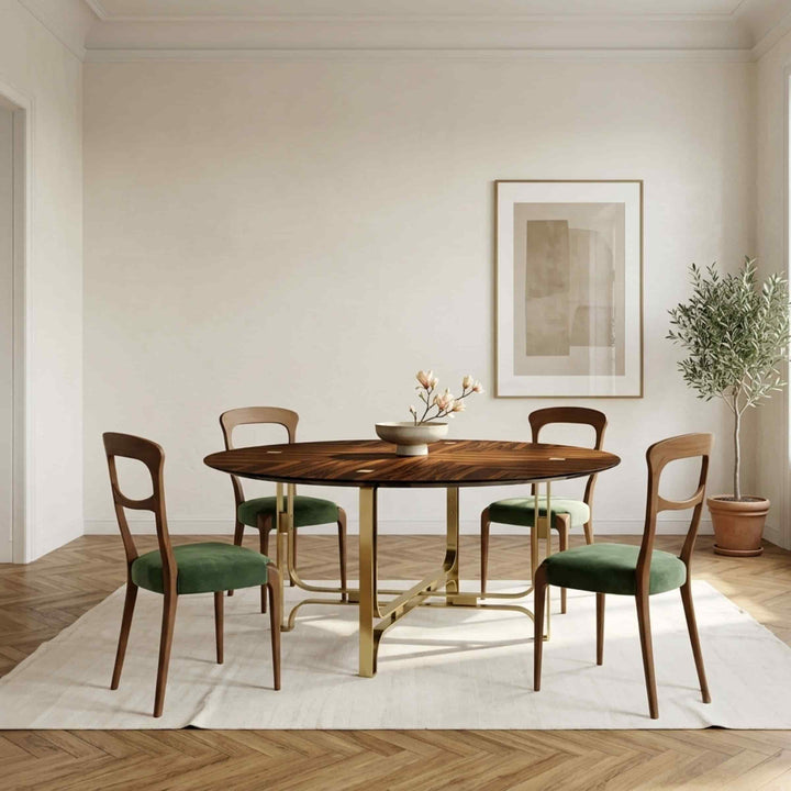 walnut wood and green chair capoavola and dining table gregory by marioni