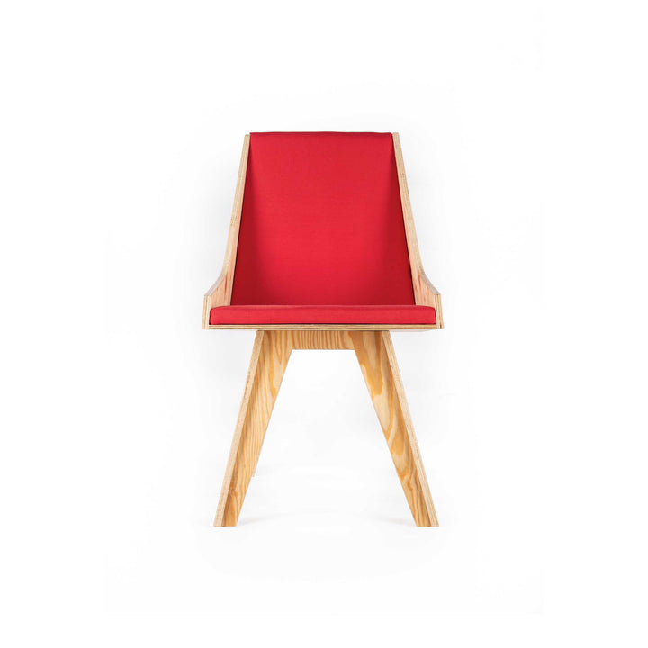 Cardillo Red chair by Jules Regis, phenolic CLT structure with red fabric upholstery, contemporary designer seating.