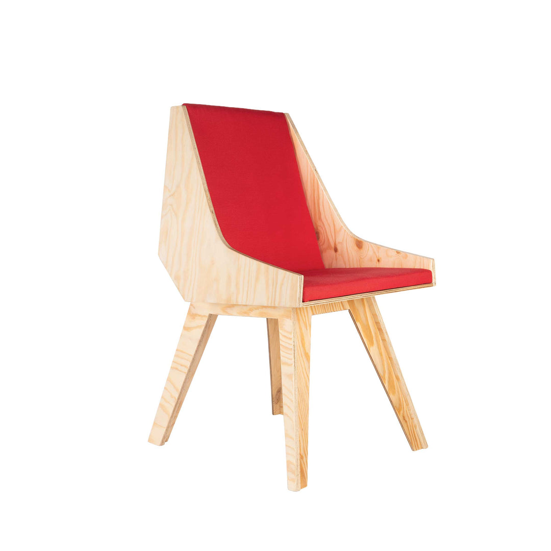 Cardillo Red chair by Jules Regis, phenolic CLT structure with red fabric upholstery, contemporary designer seating.