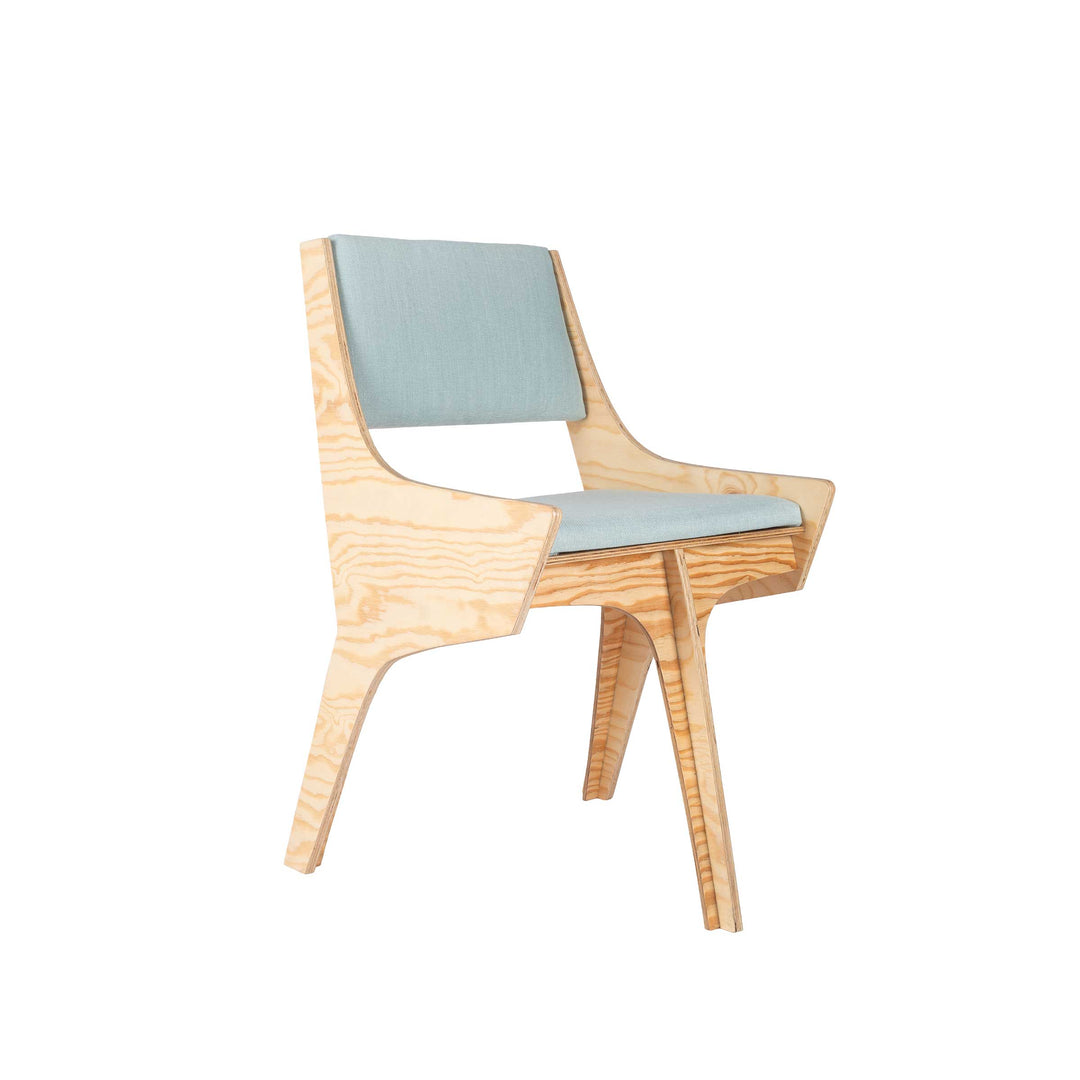 Falcone Blue chair by Jules Regis, phenolic CLT structure with blue fabric upholstery, contemporary designer seating