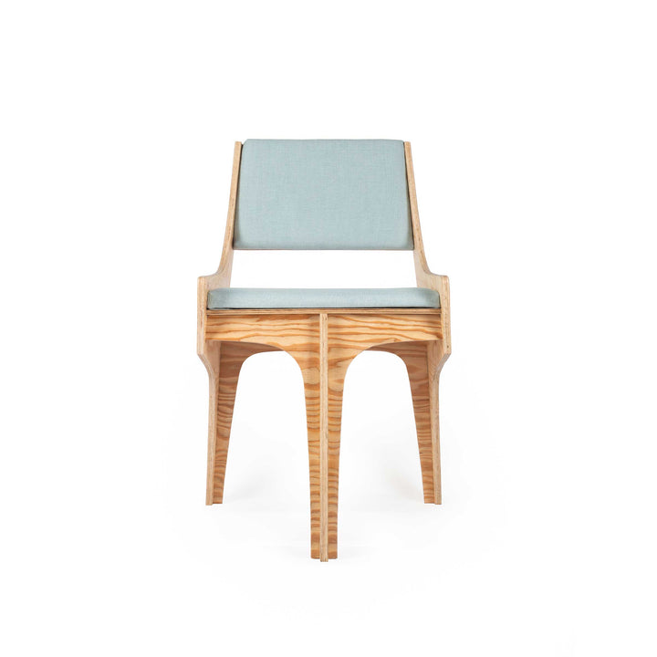 Falcone Blue chair by Jules Regis, phenolic CLT structure with blue fabric upholstery, contemporary designer seating