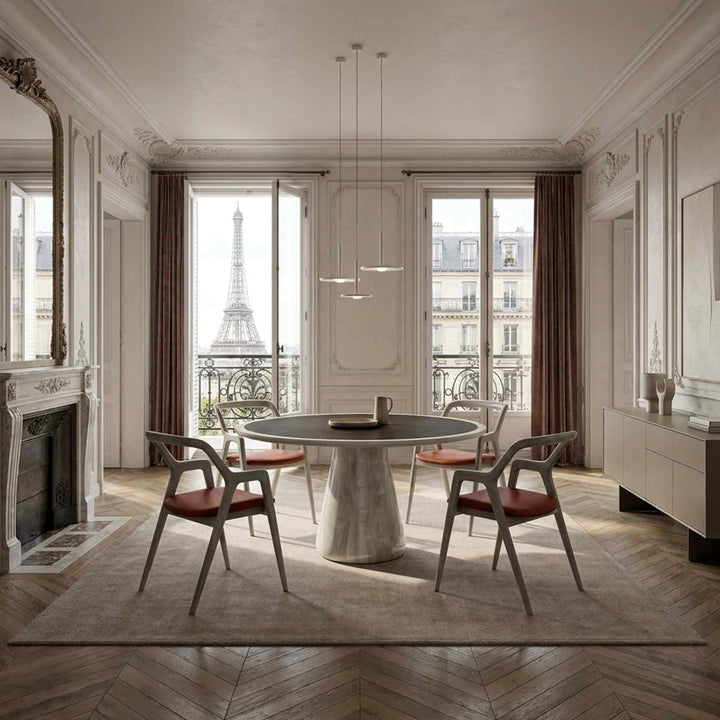 Grey Walnut Wood Chair IN BREVE and dining table Convivio by Dale Italia in an apartment in Paris