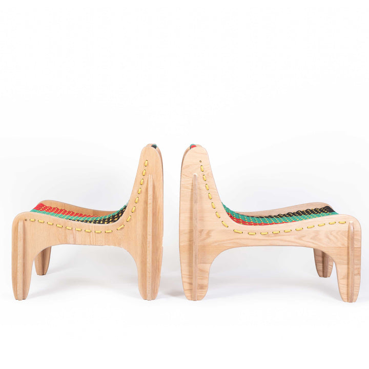 Spider chair and Spider chair XL by Jules Regis, oak wood structure with braided multicolor boat rope seating, contemporary designer chair