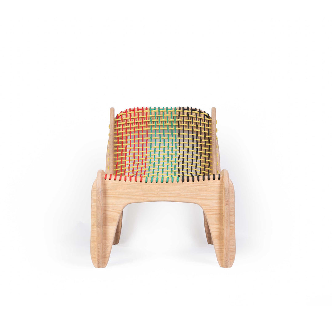 Spider chair by Jules Regis, oak wood structure with braided multicolor boat rope seating, contemporary designer chair