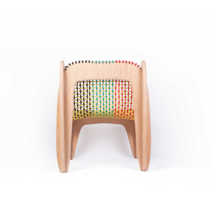 Spider chair by Jules Regis, oak wood structure with braided multicolor boat rope seating, contemporary designer chair