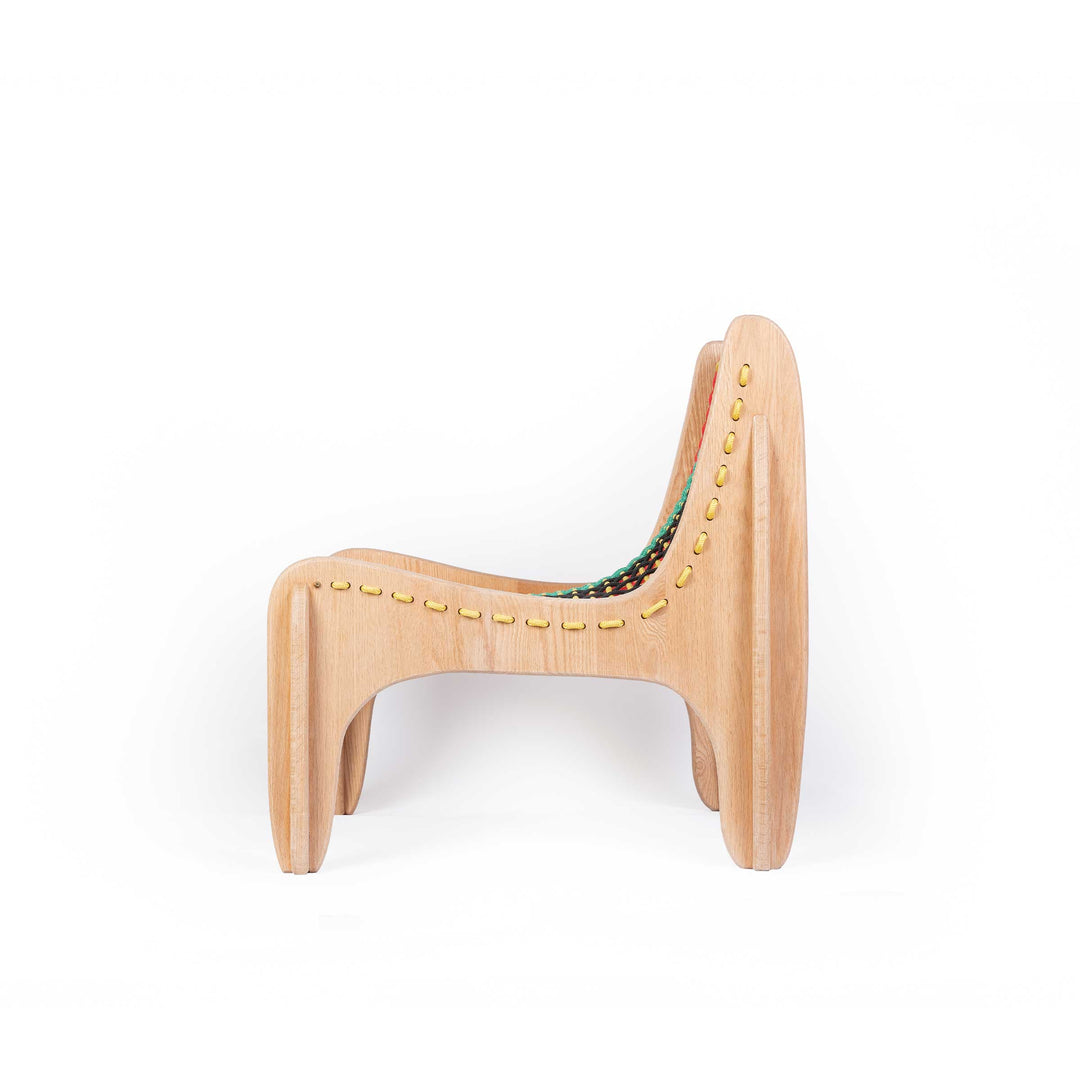 Spider chair by Jules Regis, oak wood structure with braided multicolor boat rope seating, contemporary designer chair