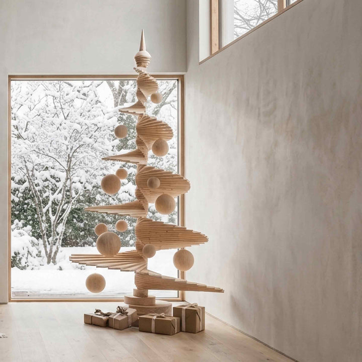 Arbor 180 wooden Christmas tree with spiralling slatted branches and hanging wooden baubles beside a snowy window