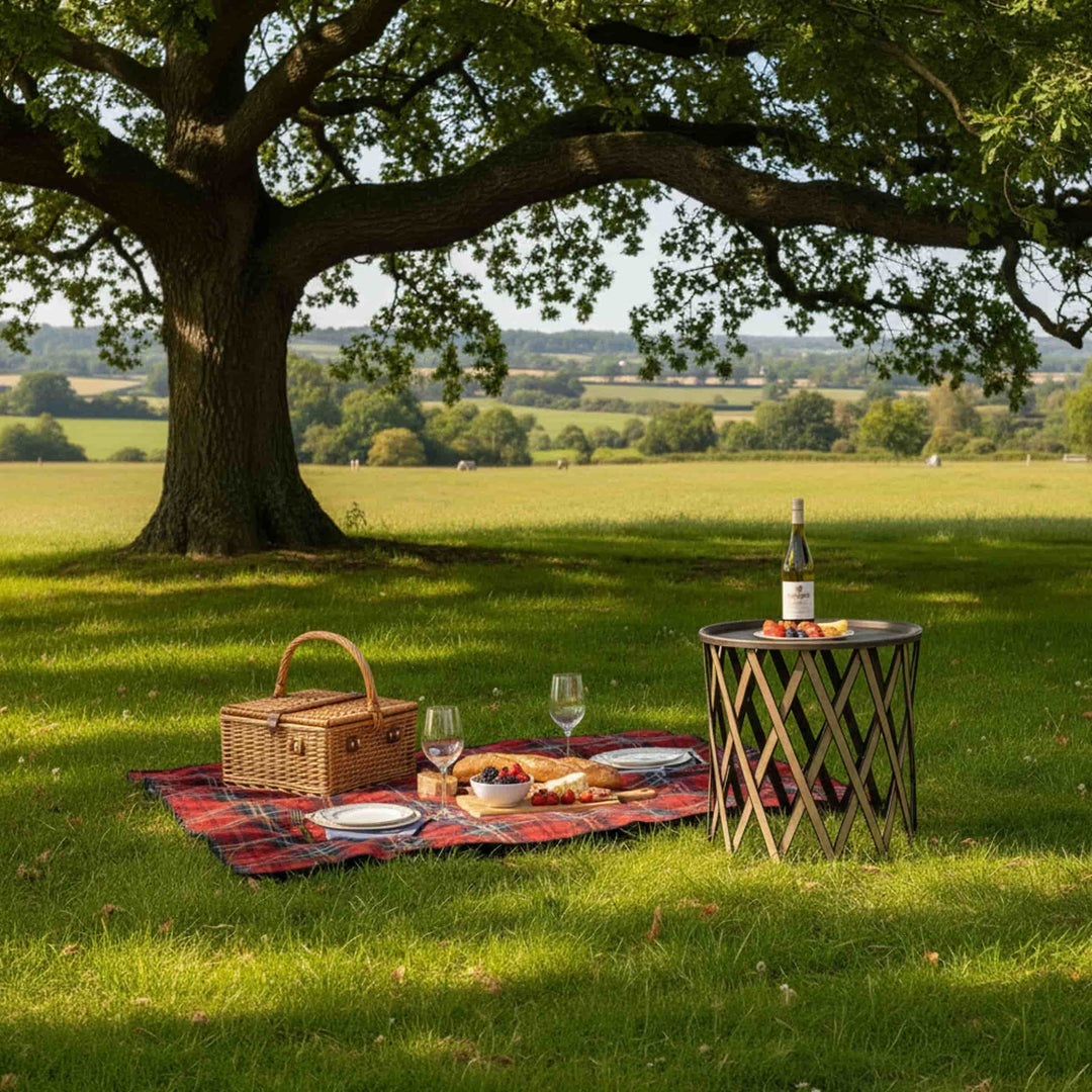 Safari folding side table by Pinetti, luxury designer portable leather accent table.