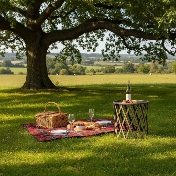 Safari folding side table by Pinetti, luxury designer portable leather accent table.