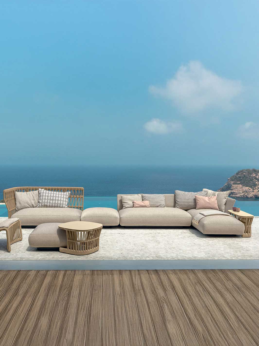 High-end Talenti outdoor lounge with sea view, premium Made in Italy garden furniture.