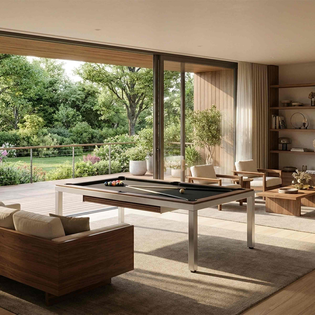 Pool Table CUBE by FAS Pendezza in a living room with a balcony 