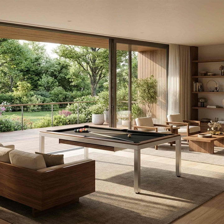 Pool Table CUBE by FAS Pendezza in a living room with a balcony 