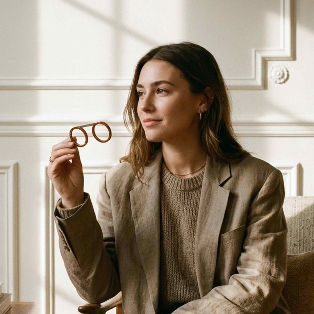 Woman holding Fassamano Venezia reading glasses with round amber-brown frames