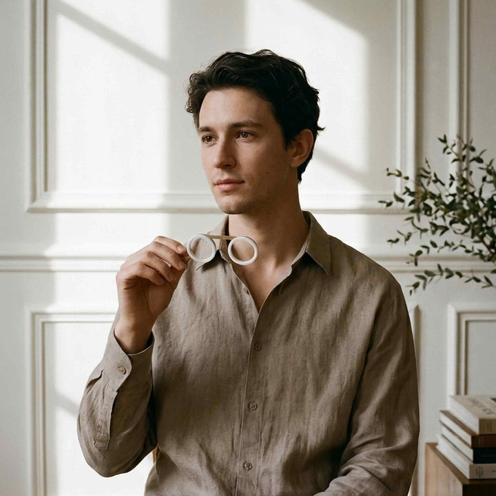 Man holding Fassamano reading glasses with round white frames