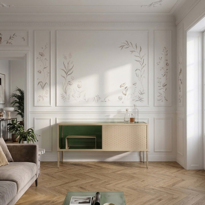 Giacopini MAIA sand sideboard with a green open compartment and perforated sliding door against a floral wall