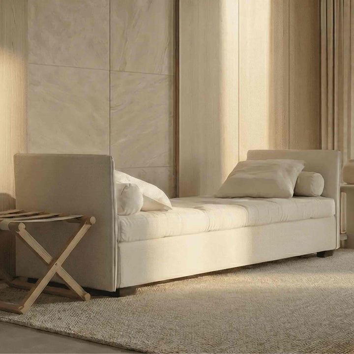 white Sofa Bed isoleuse by Orizzonti Design Center for Horm in a living room with cream tones
