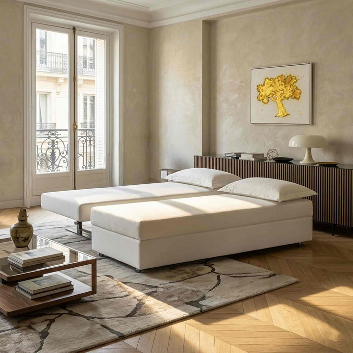 white Sofa Bed vulcano by Giulio Manzoni for Horm with Matt Lacquered and Oak Wood Sideboard leon decor