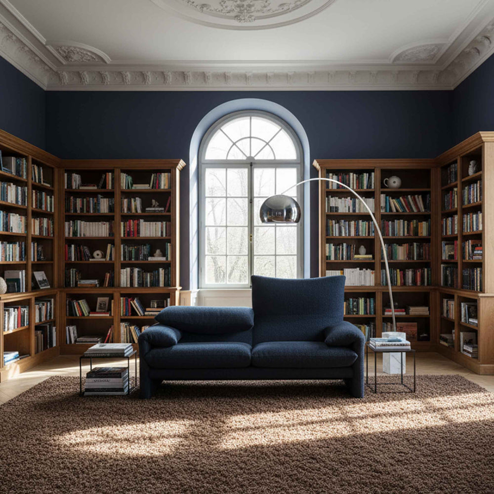 Maralunga two-seater fabric sofa by Vico Magistretti for Cassina, iconic Italian designer sofa.