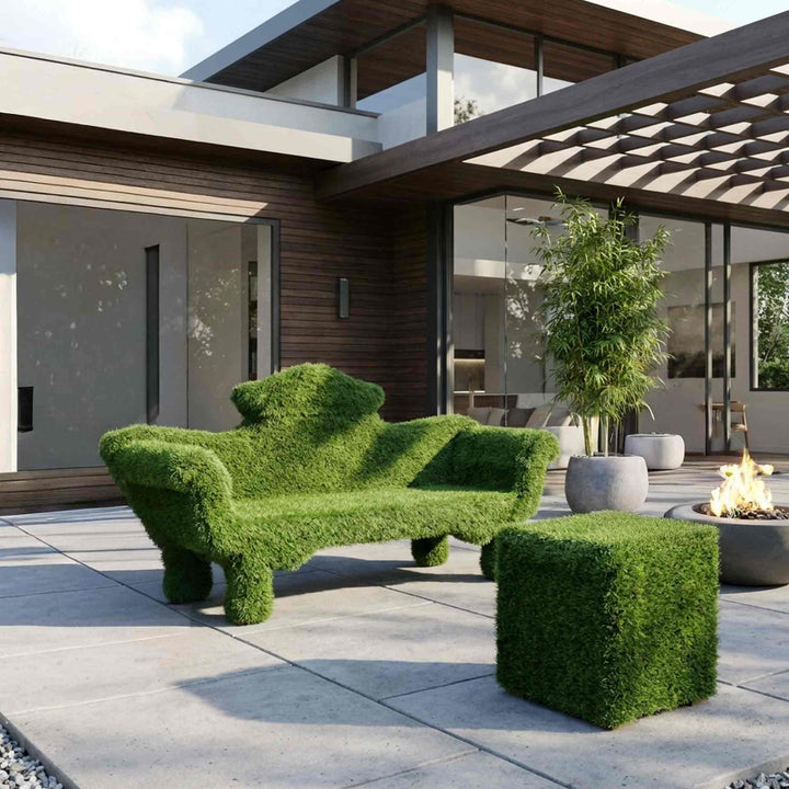 indoor and outdoor sofa sofagreen by 13ricrea with pouf qubo verde in a patio of a house