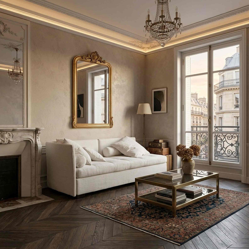 white ISOLINA storage sofa bed by Orizzonti Design Center for Horm in a living room in Paris