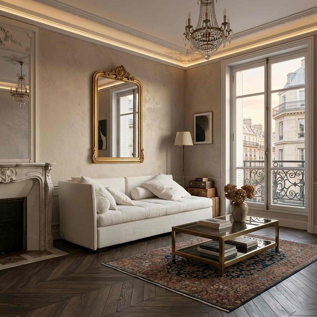 white ISOLINA storage sofa bed by Orizzonti Design Center for Horm in a living room in Paris