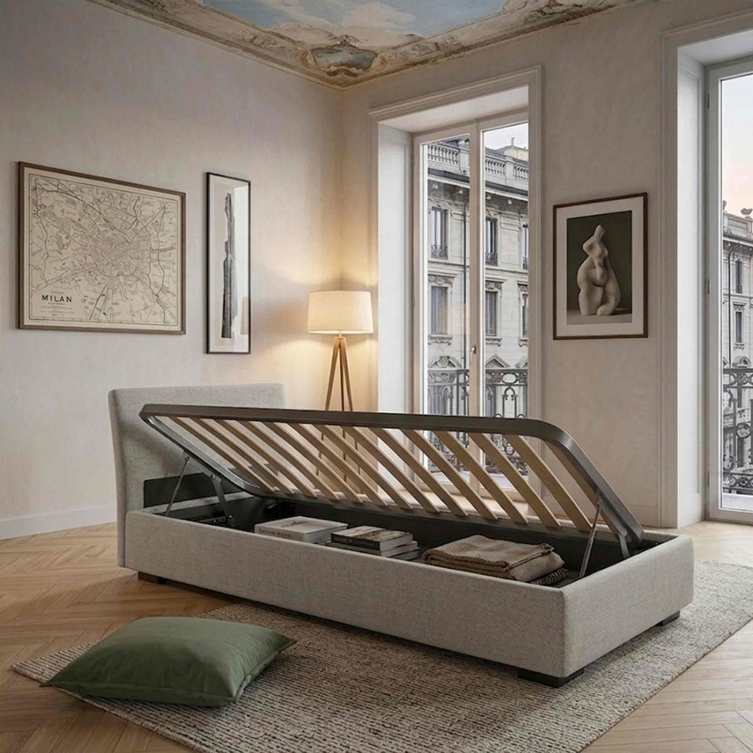 Storage Sofa Bed isolino by Orizzonti Design Center for Horm in a living room.