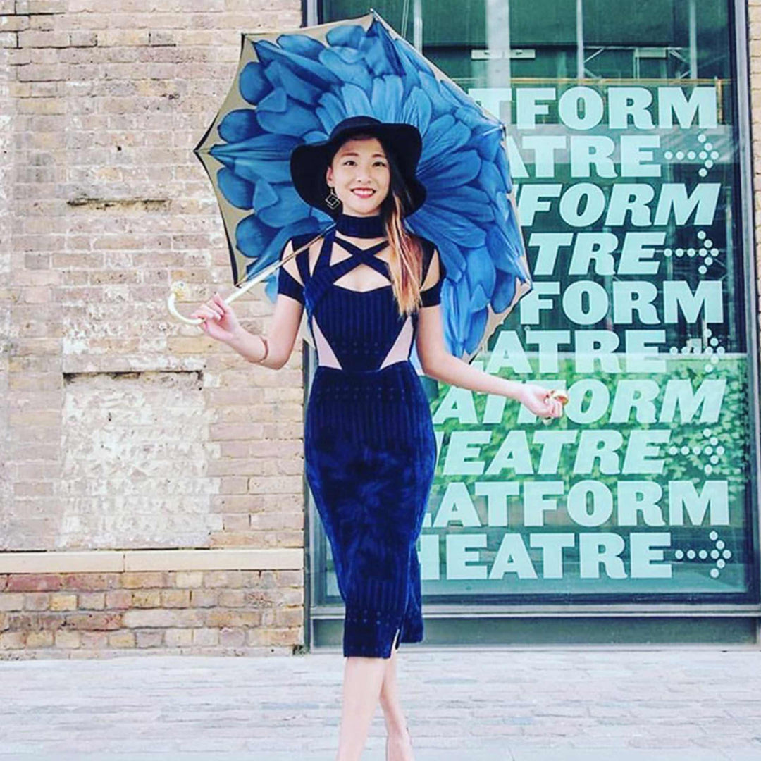 Dahlia Blue umbrella with jewelled brass handle by Pasotti, luxury designer rain accessory.