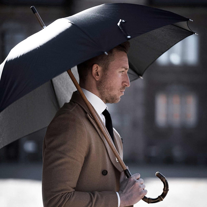 Oxford Black umbrella with bamboo handle, classic elegant rain accessory