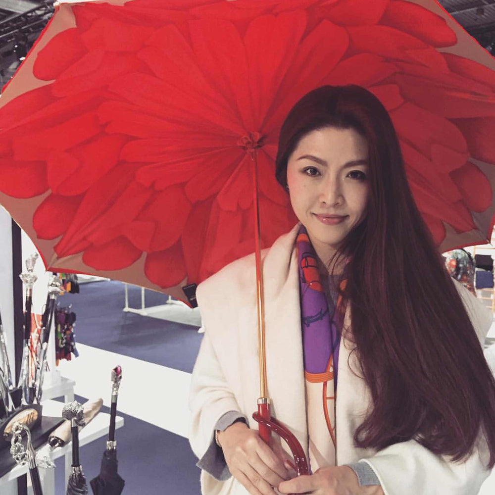 Red Dahlia umbrella with double cloth canopy, elegant designer rain accessory