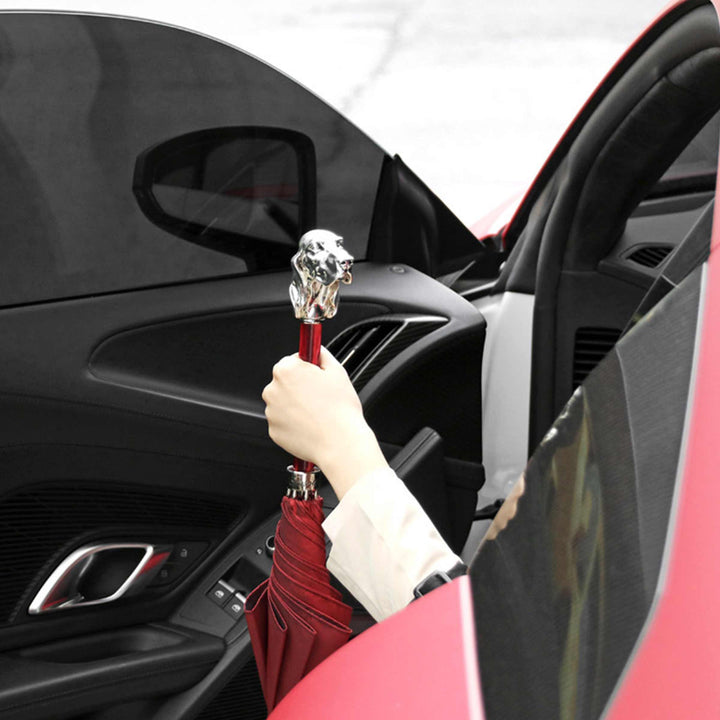 Silver Hound umbrella with silver-plated resin handle, luxury designer accessory.