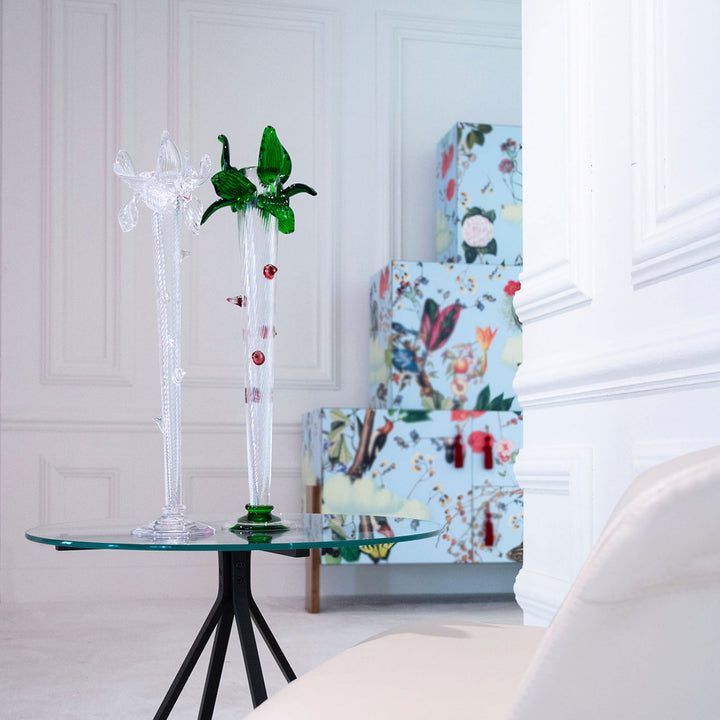 Peary vase by Borek Sipek, tall  decorative glass vase on glass side table