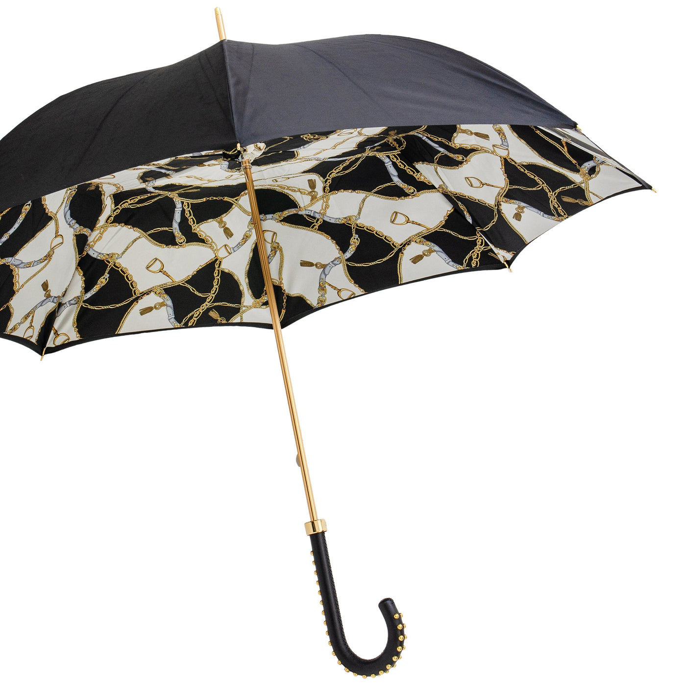 Umbrella BLACK BRIDLES PRINT with Leather Handle 03
