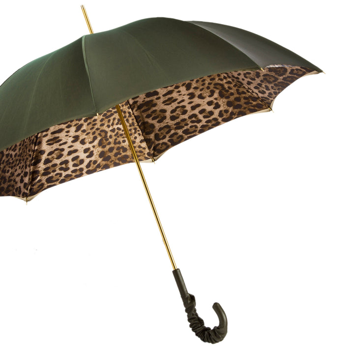 Umbrella LEOPARD Olive Green with Leather Handle 06