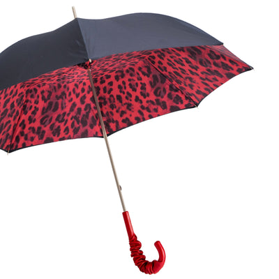 Umbrella LEOPARD Red with Leather Handle 06