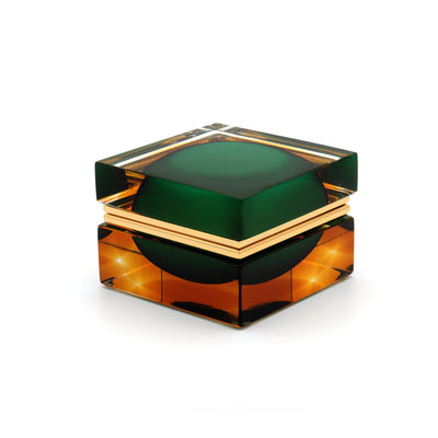 Murano Glass Ornamental Container SQUARE Green and Amber 01
