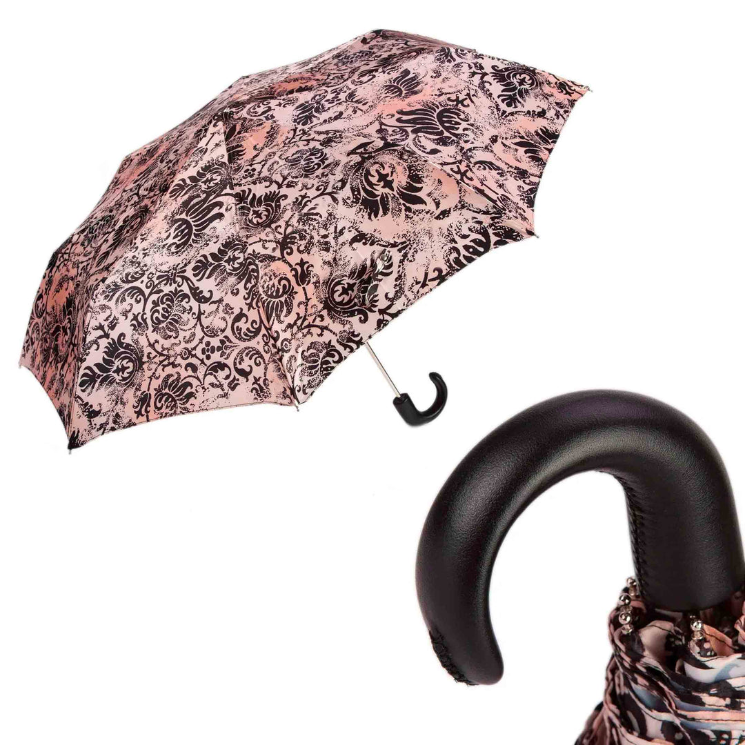 Folding Umbrella BLACK AND BEIGE with Leather Handle 01
