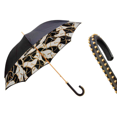 Umbrella BLACK BRIDLES PRINT with Leather Handle 01