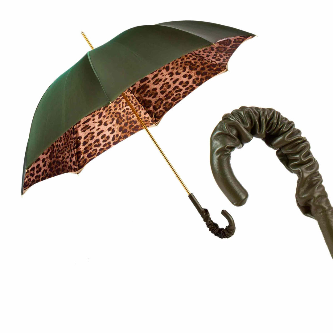 Umbrella LEOPARD Olive Green with Leather Handle 01